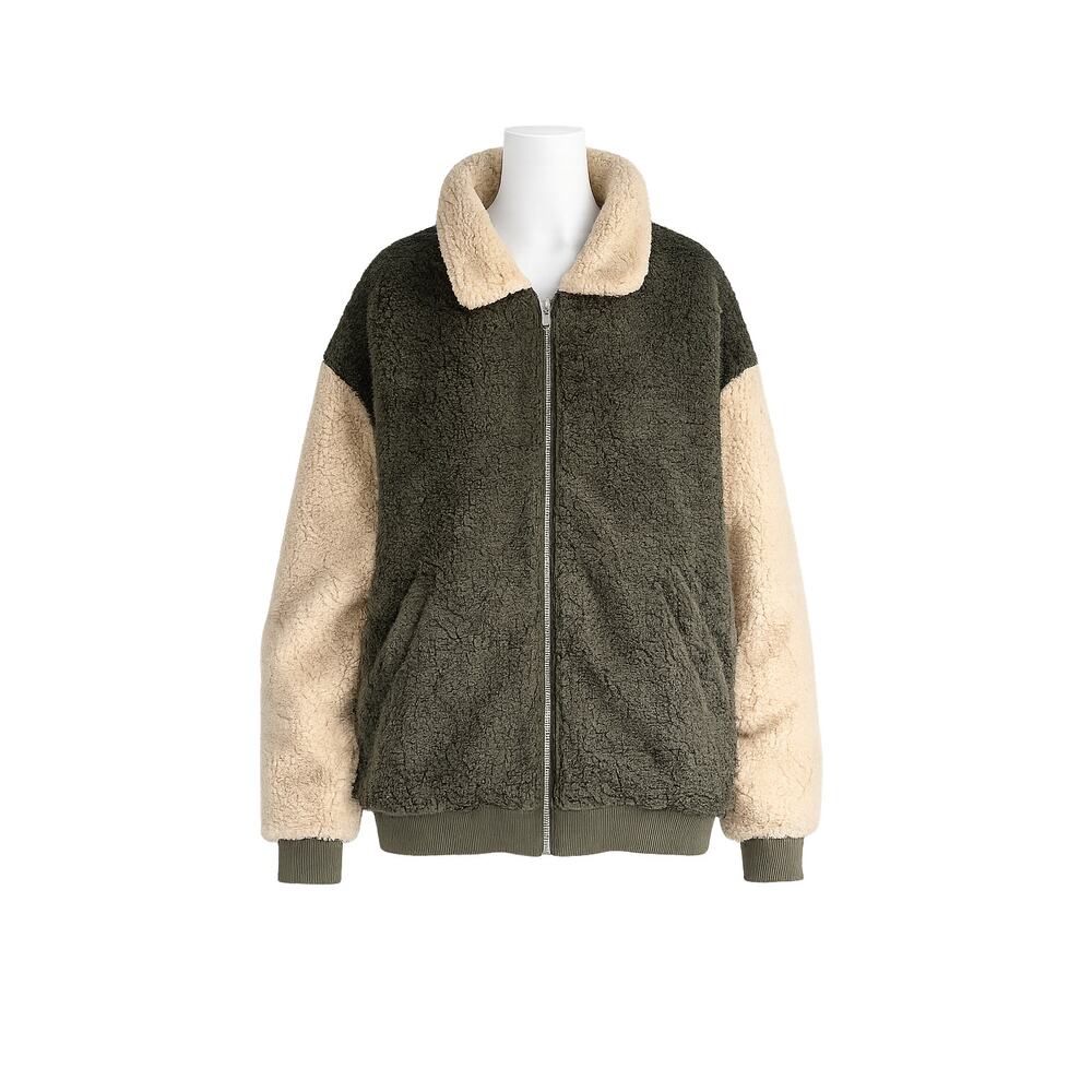 Daisy Street Curve Sherpa Fleece Bomber Jacket - Khaki Cream - Size 10 - NWOT